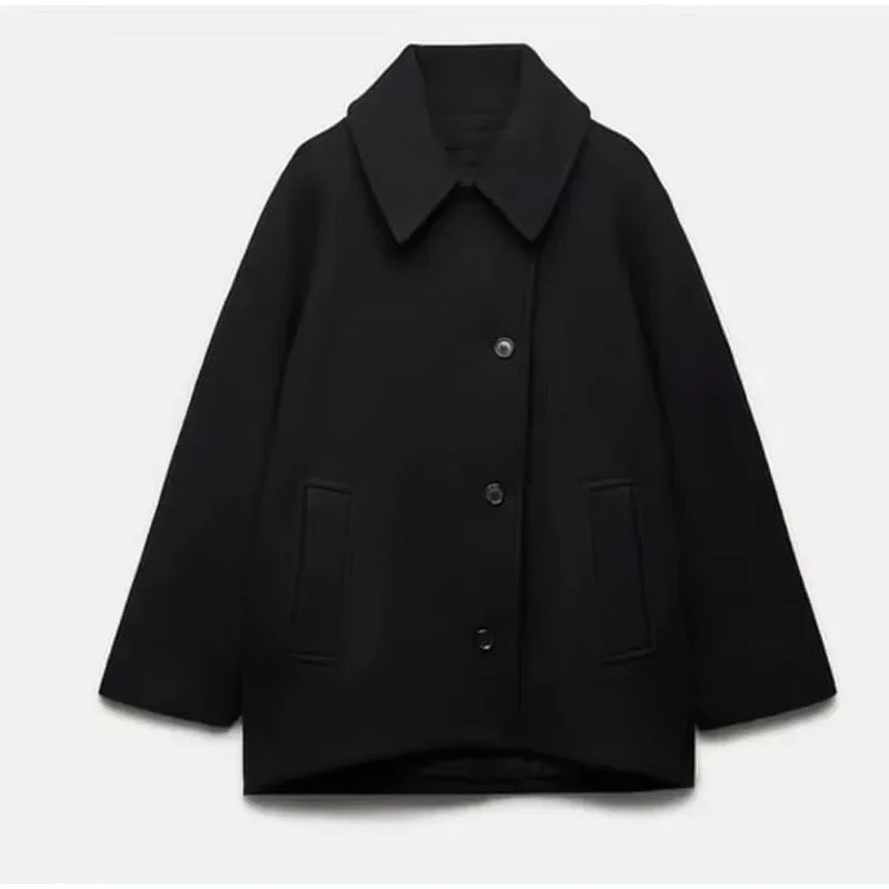 Women's oversized wool coat wide collar mid-length button front with deep pockets winter essential