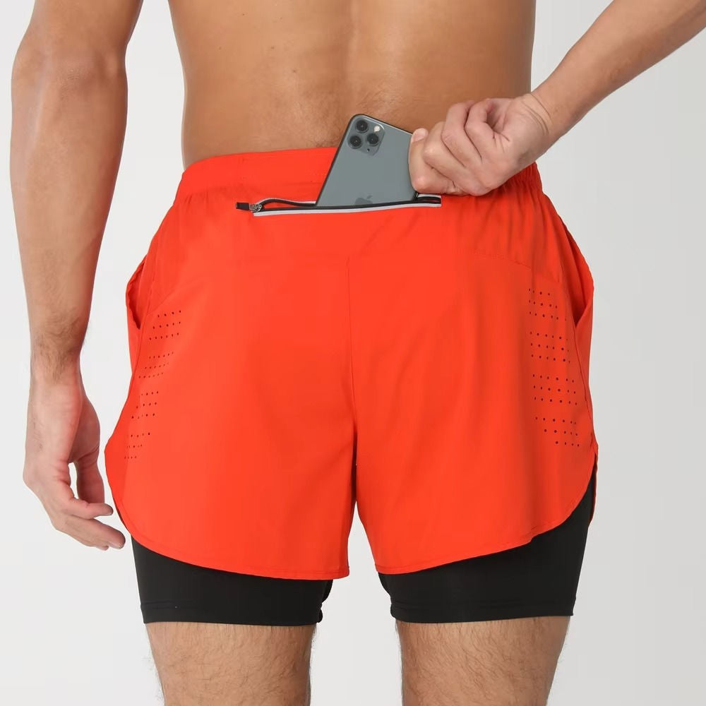 Men's dual-layer training shorts with phone pocket, lightweight quick-dry fabric for gym swim run