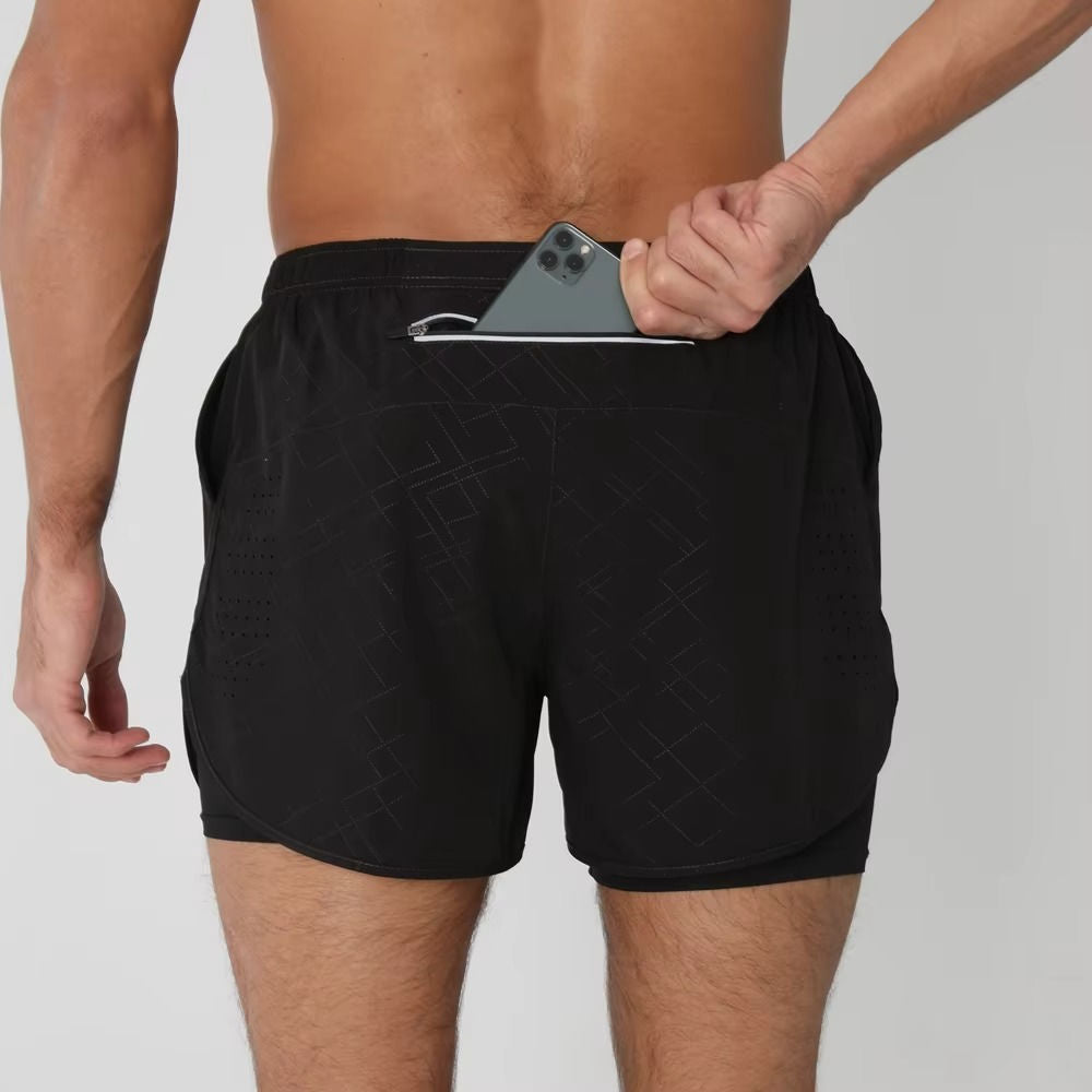 Men's dual-layer training shorts with phone pocket, lightweight quick-dry design for gym swim run