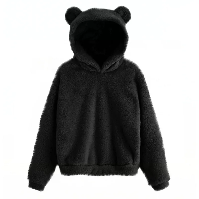 Women's plush fleece hoodie with ear-accent hood, cozy oversized fit for casual warmth