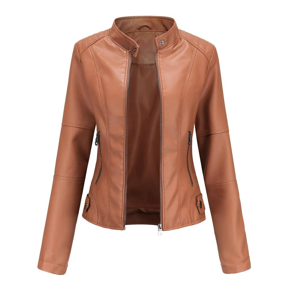 Women's slim fit black leather jacket with flattering body-hugging cut and soft polyester lining