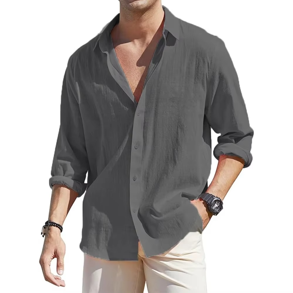 Men's long sleeve linen button-down shirt relaxed fit breathable cotton-linen blend everyday style