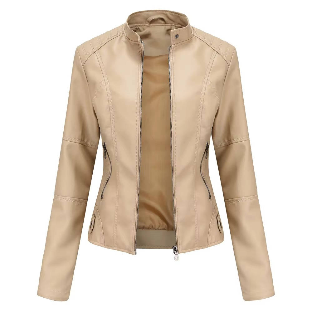 Women's slim fit black leather jacket with soft polyester lining, flattering everyday chic silhouette