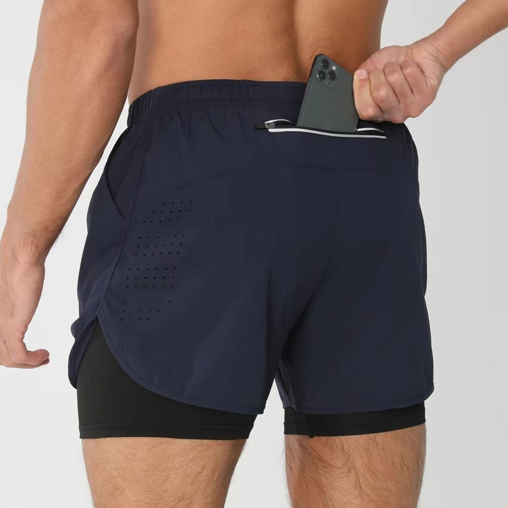 Men's dual-layer gym shorts with phone pocket, quick-dry supportive liner for swim run and training