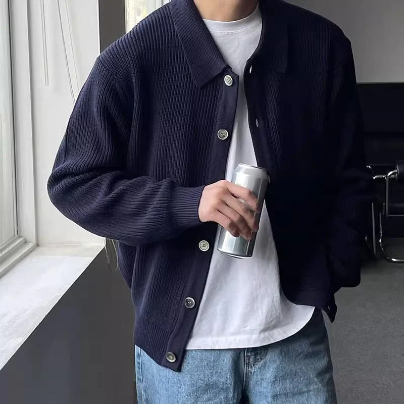 Men's relaxed fit knitted cardigan sweater with button-front closure and ribbed collared neckline