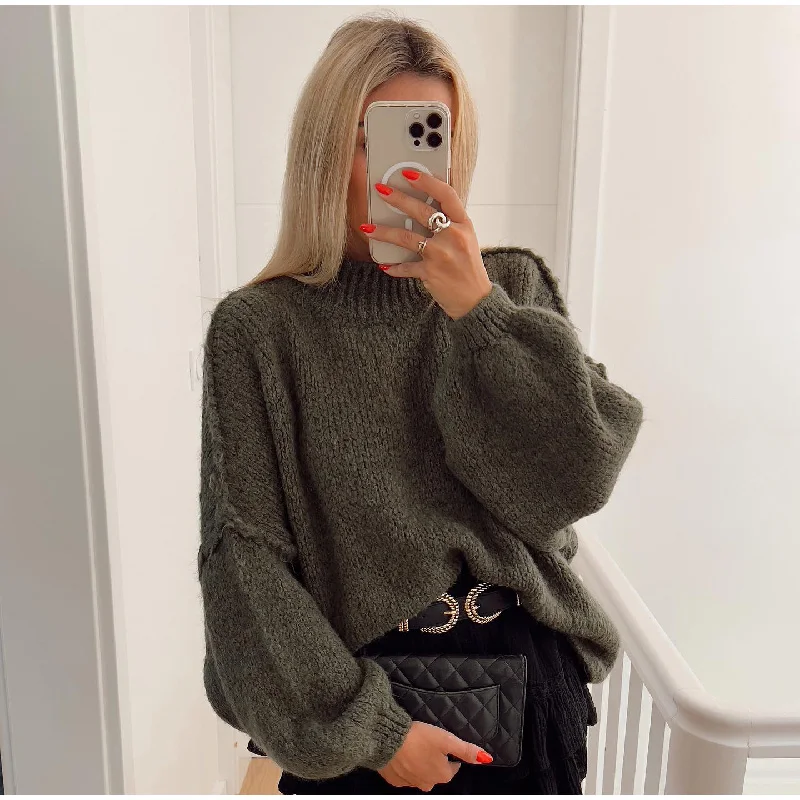 Women's oversized knit sweatshirt cozy long length balloon sleeves round neck relaxed fit