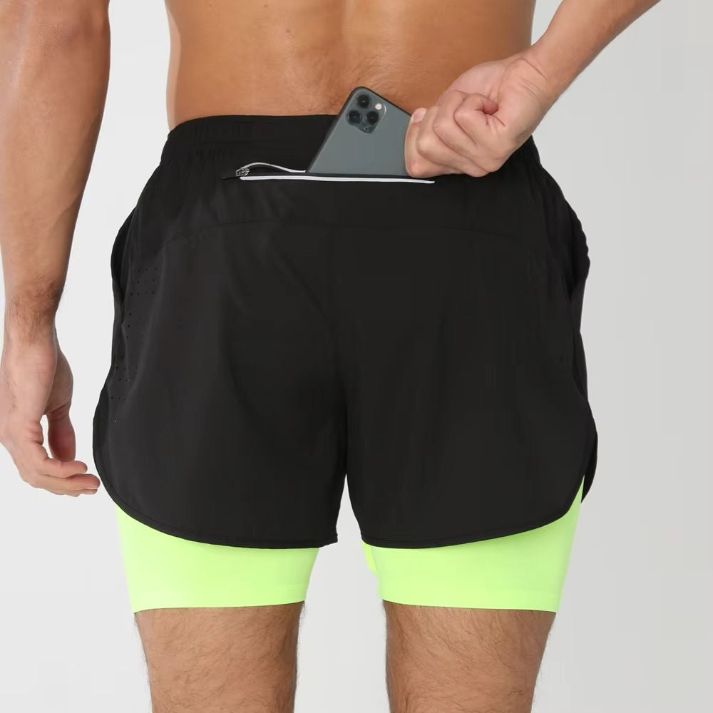 Men's dual-layer training shorts with phone pocket, lightweight quick-dry fabric for gym swim run