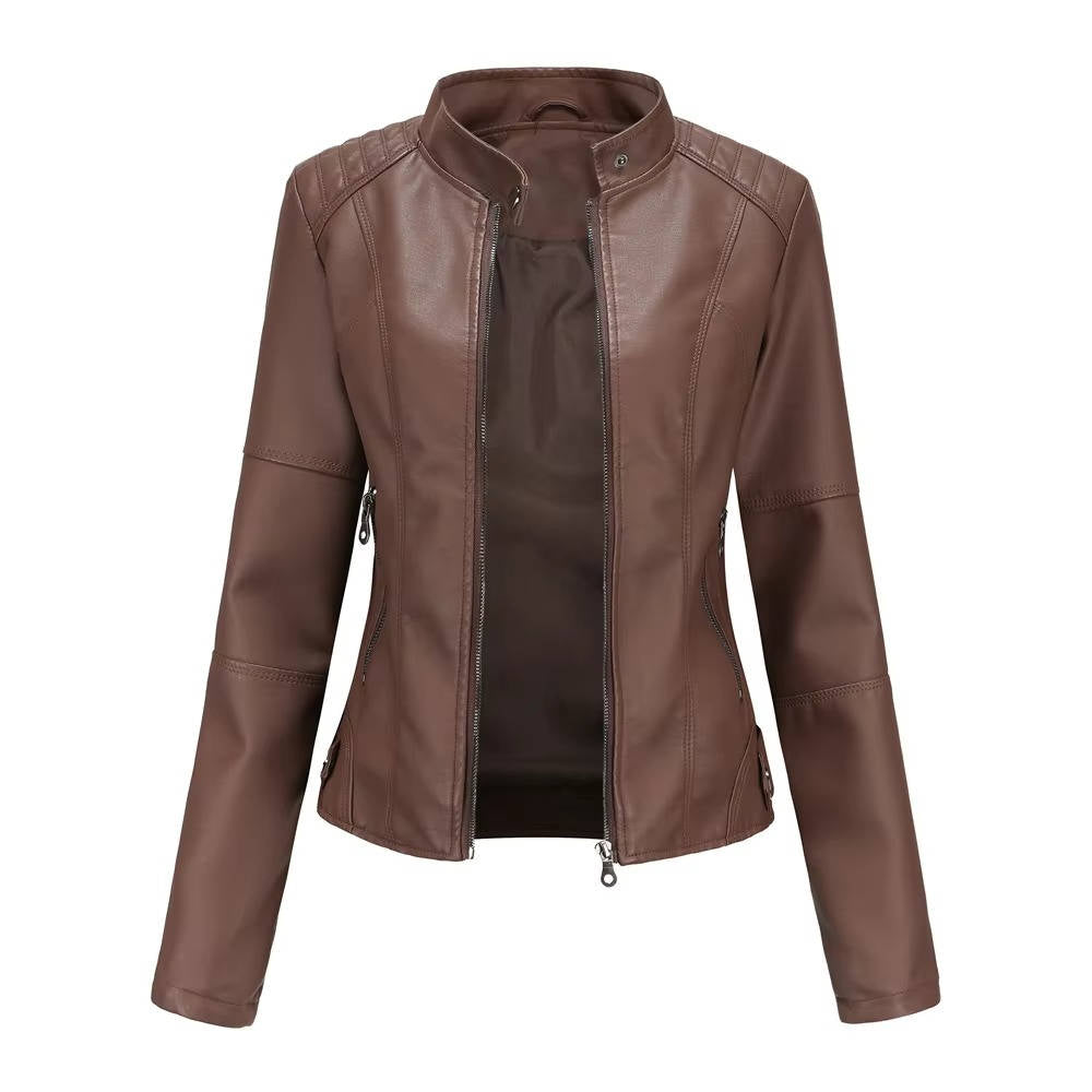 Women's slim fit black leather jacket with soft polyester lining, flattering silhouette for everyday chic
