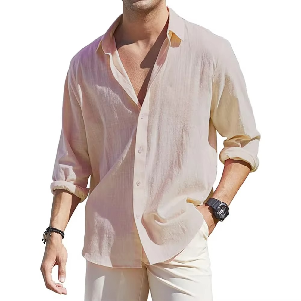 Men's long sleeve linen button-down shirt relaxed fit breathable cotton-linen blend everyday style
