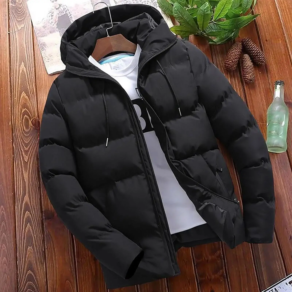 Men's quilted insulated hooded parka jacket regular fit warm winter outerwear for urban style