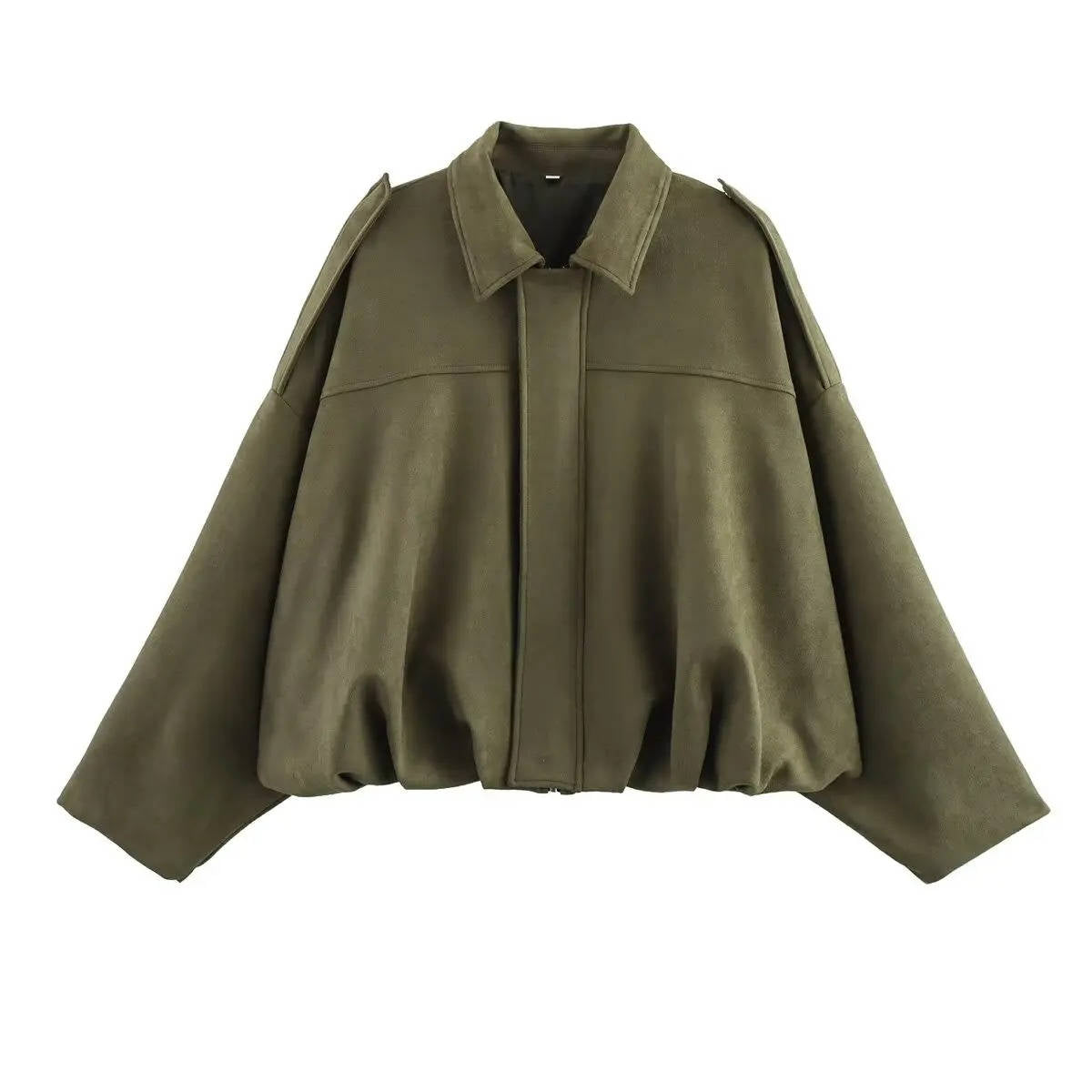 Women's olive cropped jacket with collar, modern bomber silhouette for versatile urban day-to-night wear
