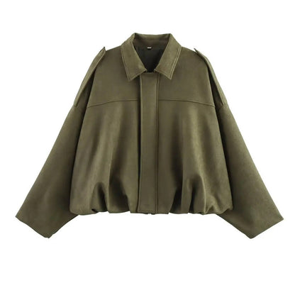 Women's olive cropped jacket with collar, modern bomber silhouette for versatile urban day-to-night wear