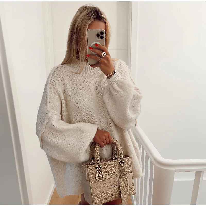 Women's oversized cream knit sweatshirt balloon sleeves round neck cozy long length relaxed fit