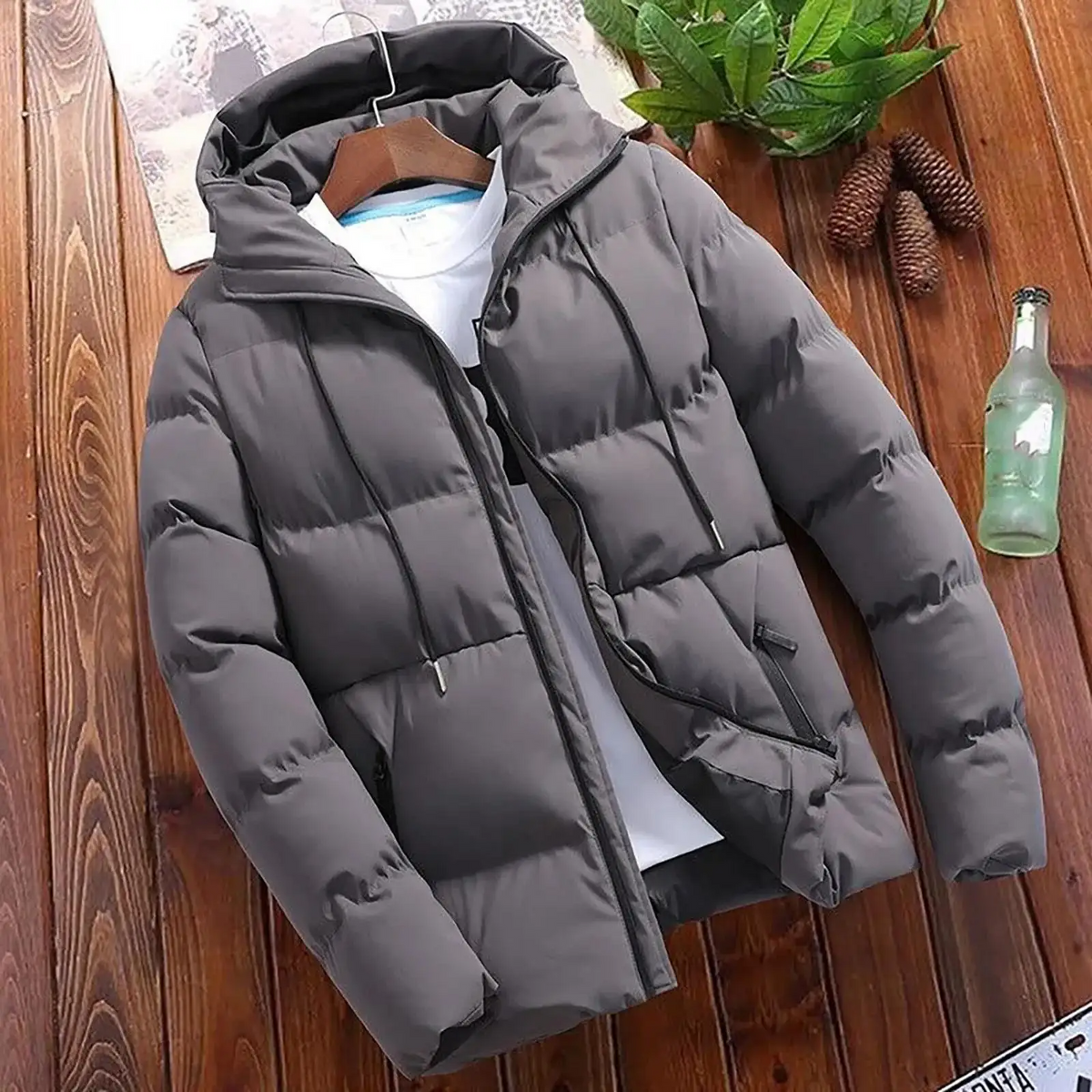 Men's black quilted insulated hooded parka jacket regular fit warm winter outerwear