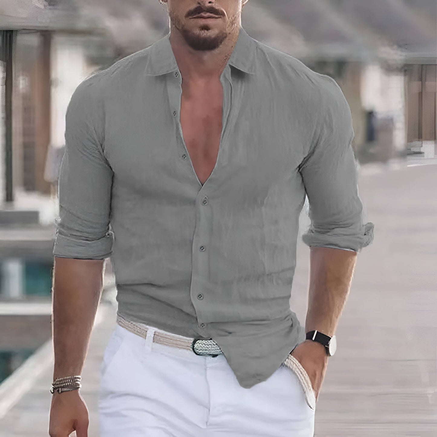 Men's casual cotton linen shirt long sleeve breathable regular fit lightweight summer top