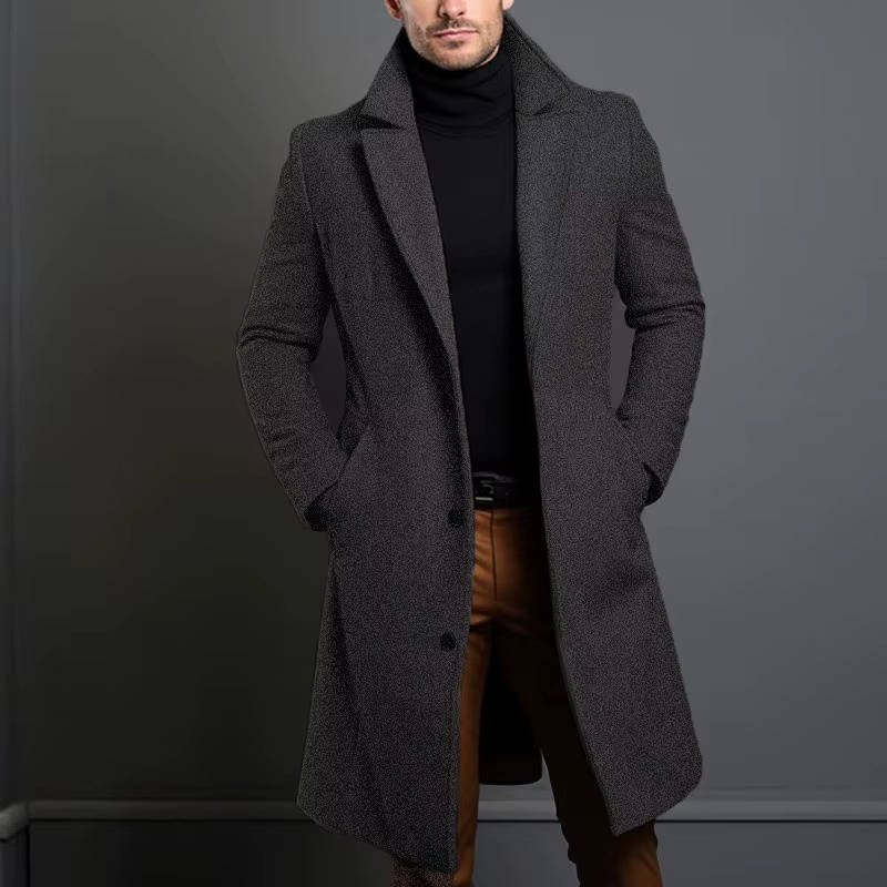 Men's classic wool-blend single breasted long overcoat in neutral tone for formal and casual wear