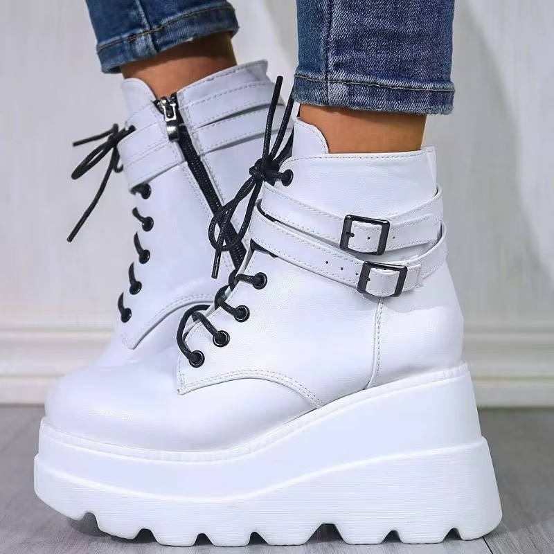Women's black goth platform combat boots chunky sole lace-up high heel vegan PU leather