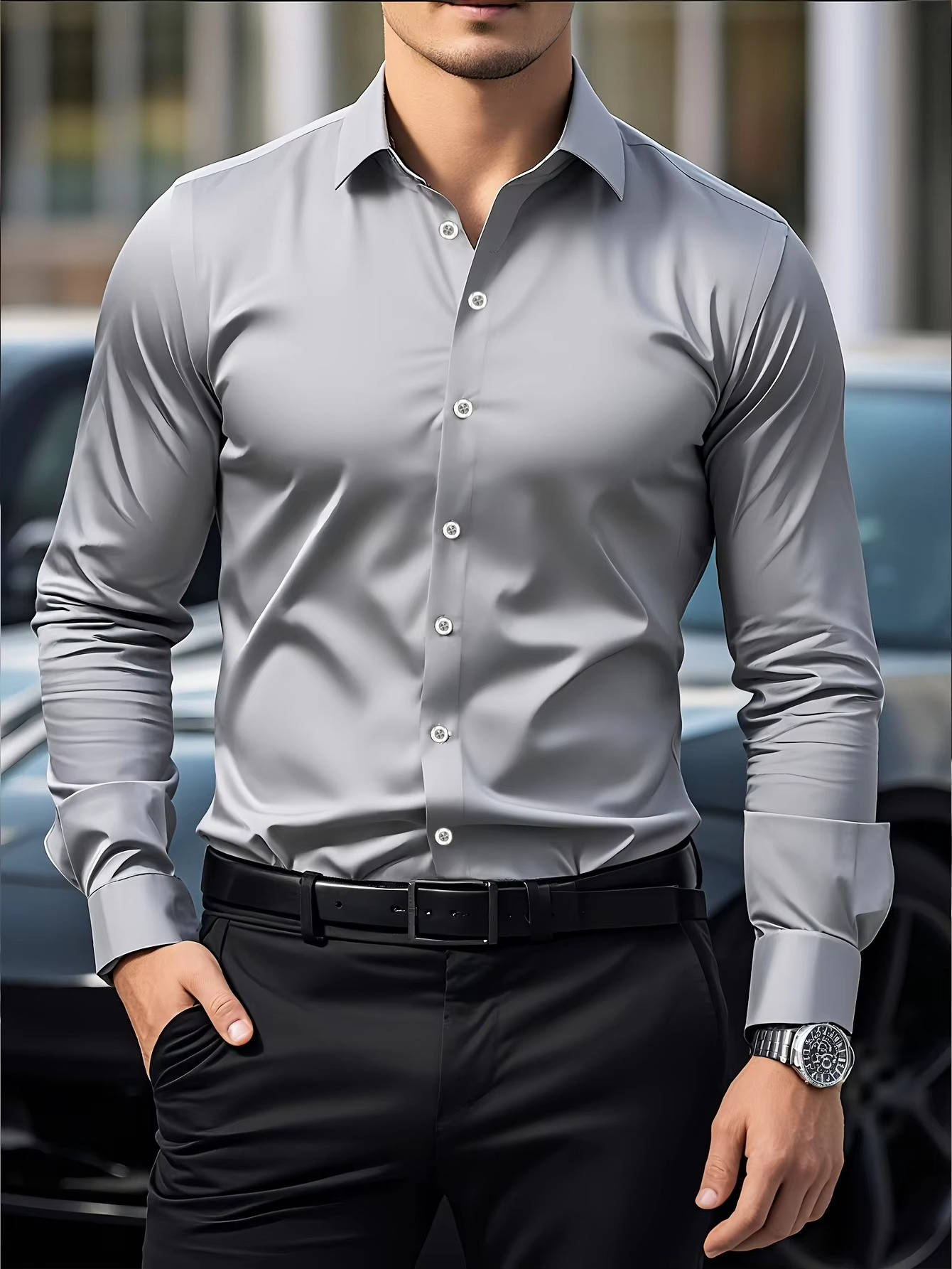 Men's slim fit long sleeve button-down dress shirt with cuffs, stretch fabric for office and casual wear