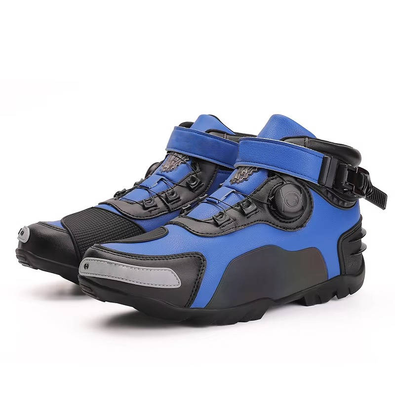 Black motorcycle sneakers with reinforced toe, heel, ankle protection and casual streetwear style for men women