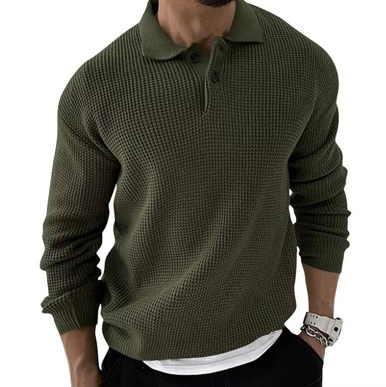 Men's beige waffle knit long sleeve sweater with textured pattern, relaxed fit everyday style