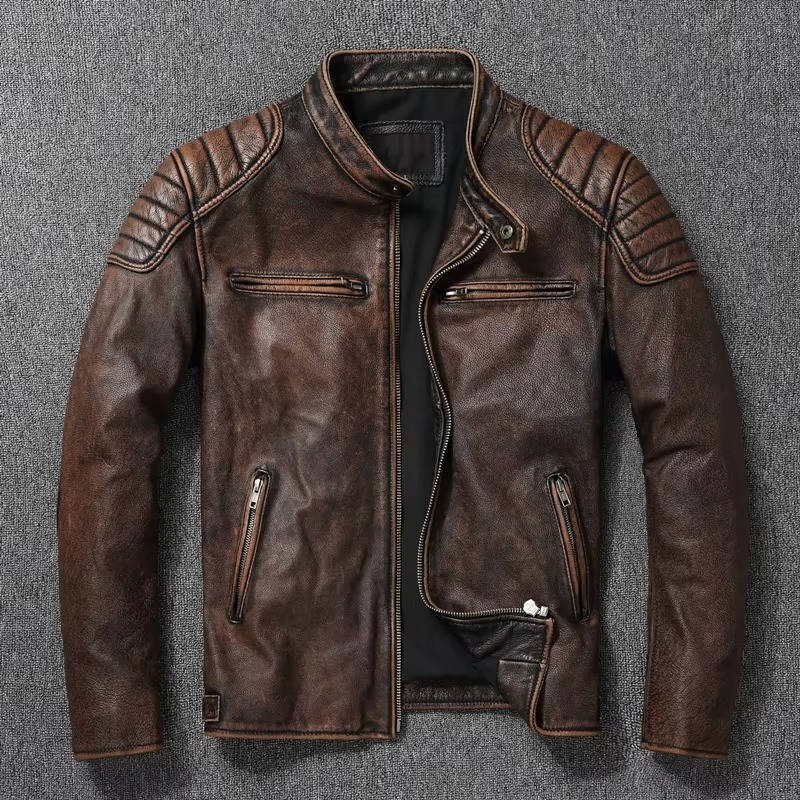 Men's black quilted leather motorcycle jacket with premium biker-style cut and distinctive stitched panels