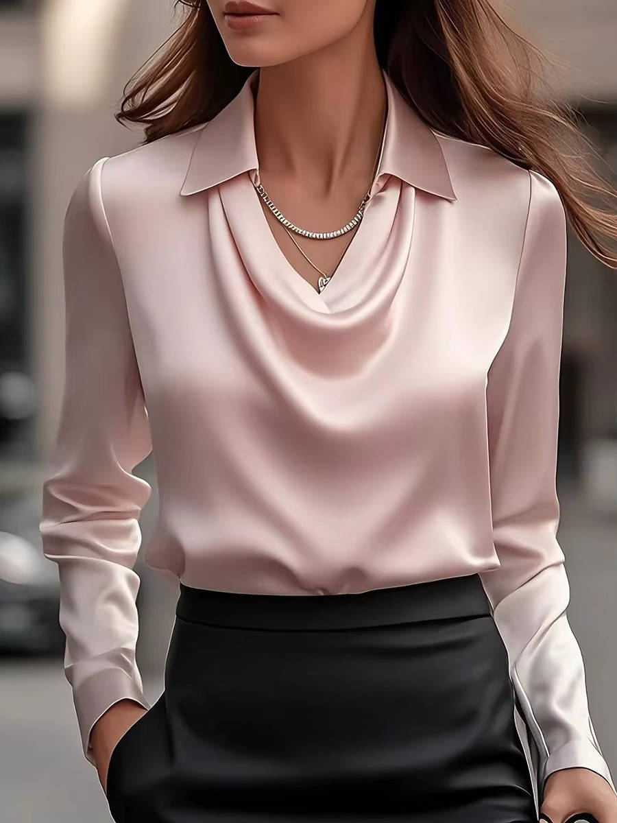 Satin cowl neck long sleeve top in elegant finish with soft drape and sleek refined silhouette