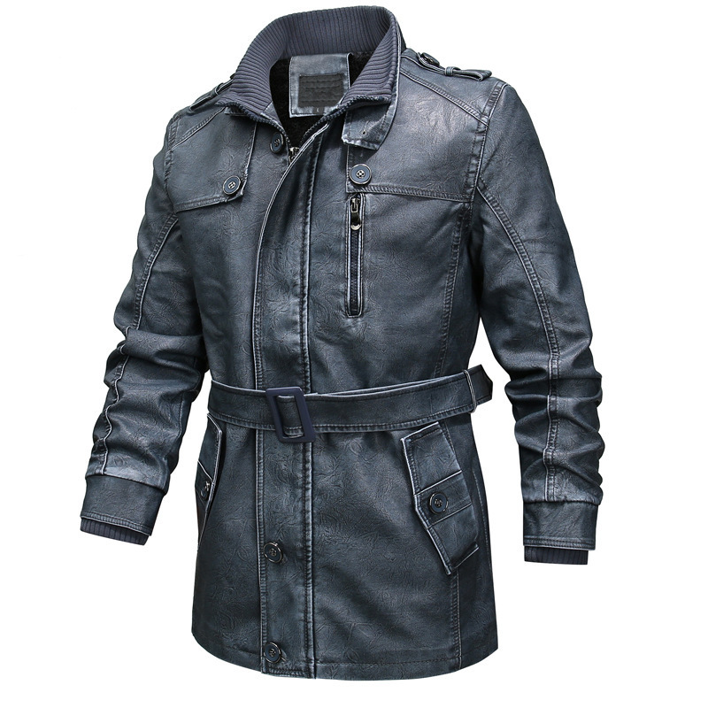 Men's black washed PU leather trench coat belted waist zip front plush lined urban style