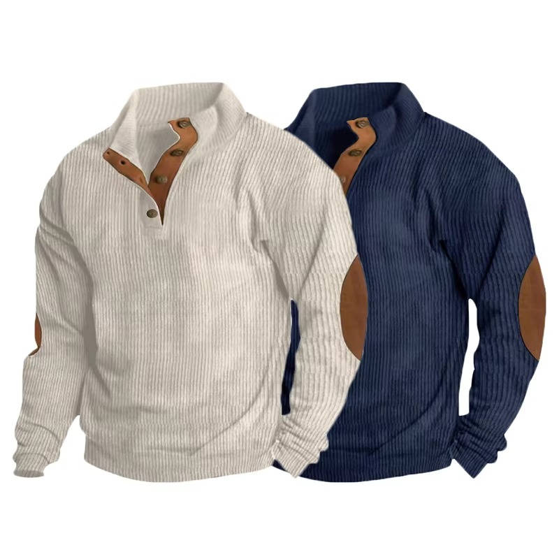 Mens Button Neck Pullover Sweater With Elbow Patches Casual Classic Knit Warm Everyday Wear