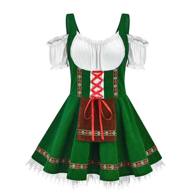Bavarian dirndl dress traditional blue floral pattern with coordinating ribbon Oktoberfest complete set