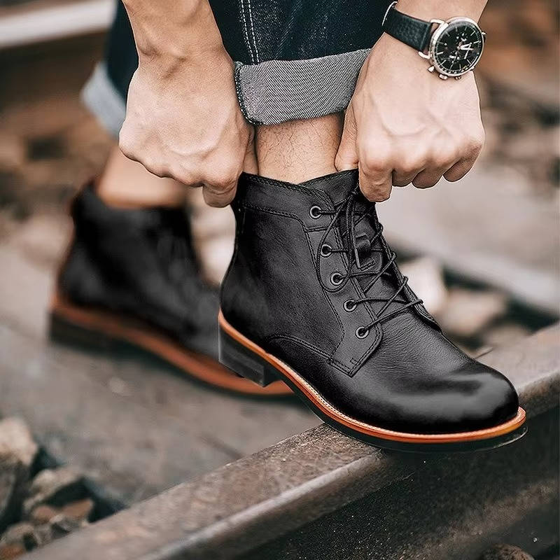Men's brown PU leather lace-up ankle boots classic silhouette versatile casual everyday style