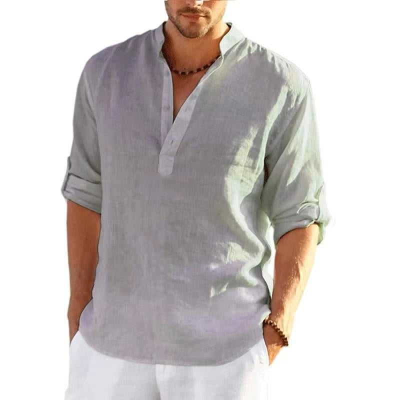 Men's white linen Henley shirt rolled sleeves lightweight breathable casual summer fit