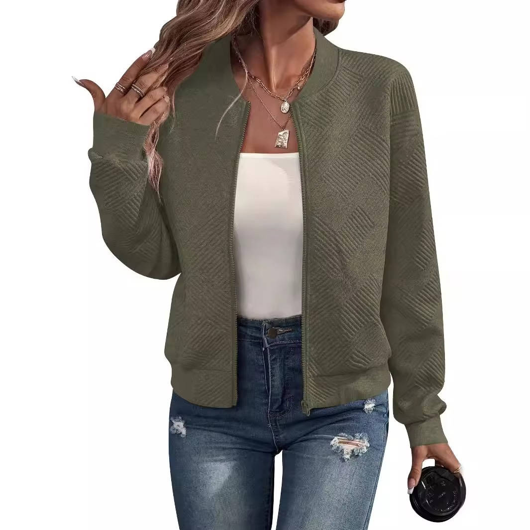 Women's lightweight zip-up bomber jacket in solid color, relaxed fit with ribbed cuffs and hem