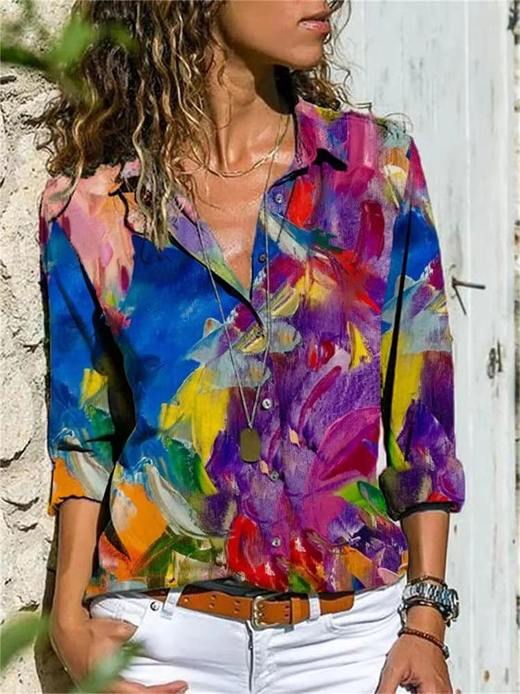 Women's geometric color-block print oversized button down shirt with rolled sleeves and classic collar