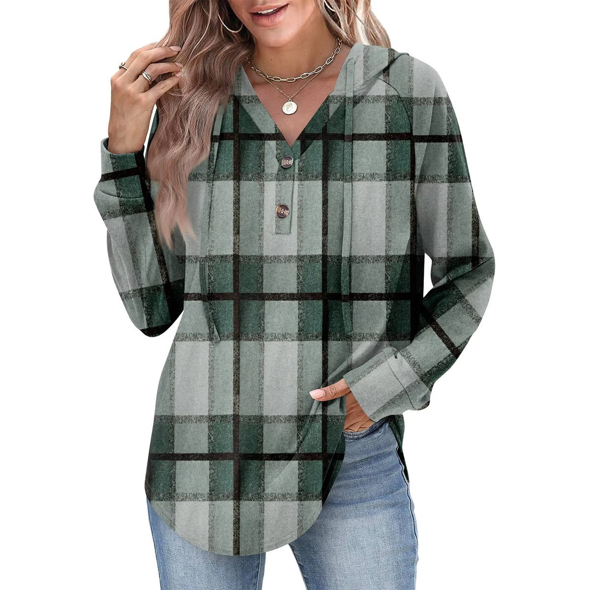 Women's cozy v-neck button hoodie sweatshirt adjustable partial button detail versatile everyday wear