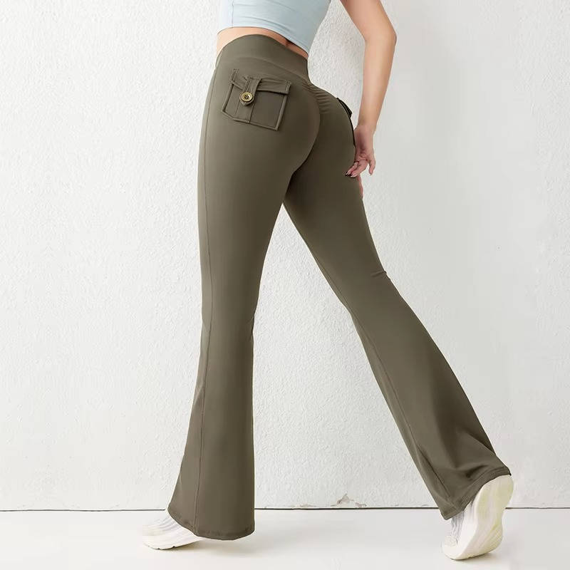 Women's high waist flared leggings with pockets, black, yoga and running activewear