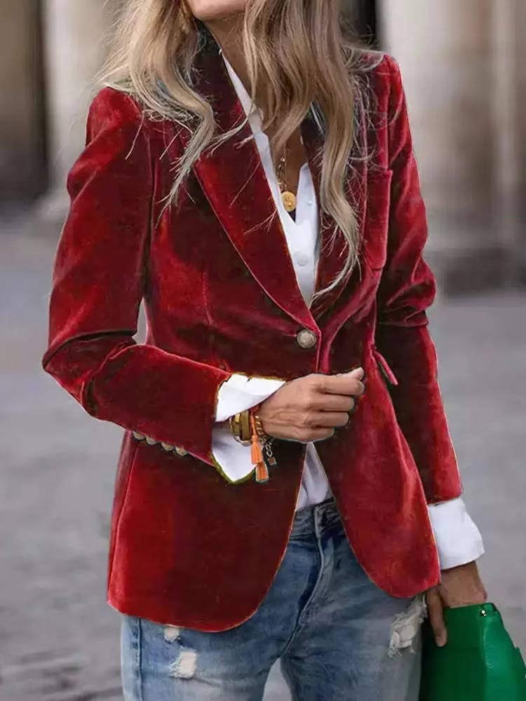 Women's velvet blazer single-button closure soft luxurious drape tailored polished versatile layer