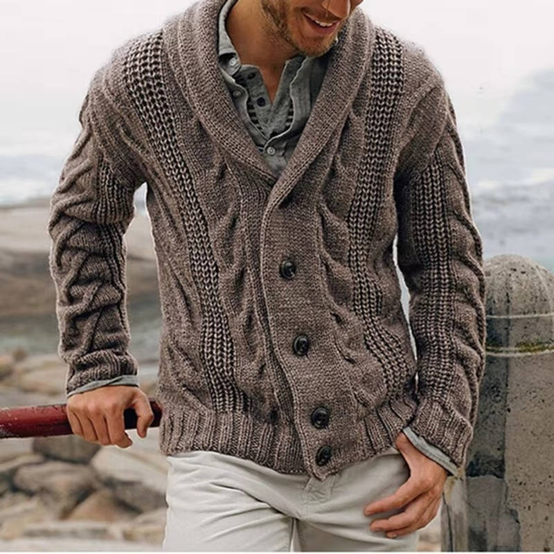 Men's gray cable knit cardigan sweater button-front acrylic-wool blend office casual style