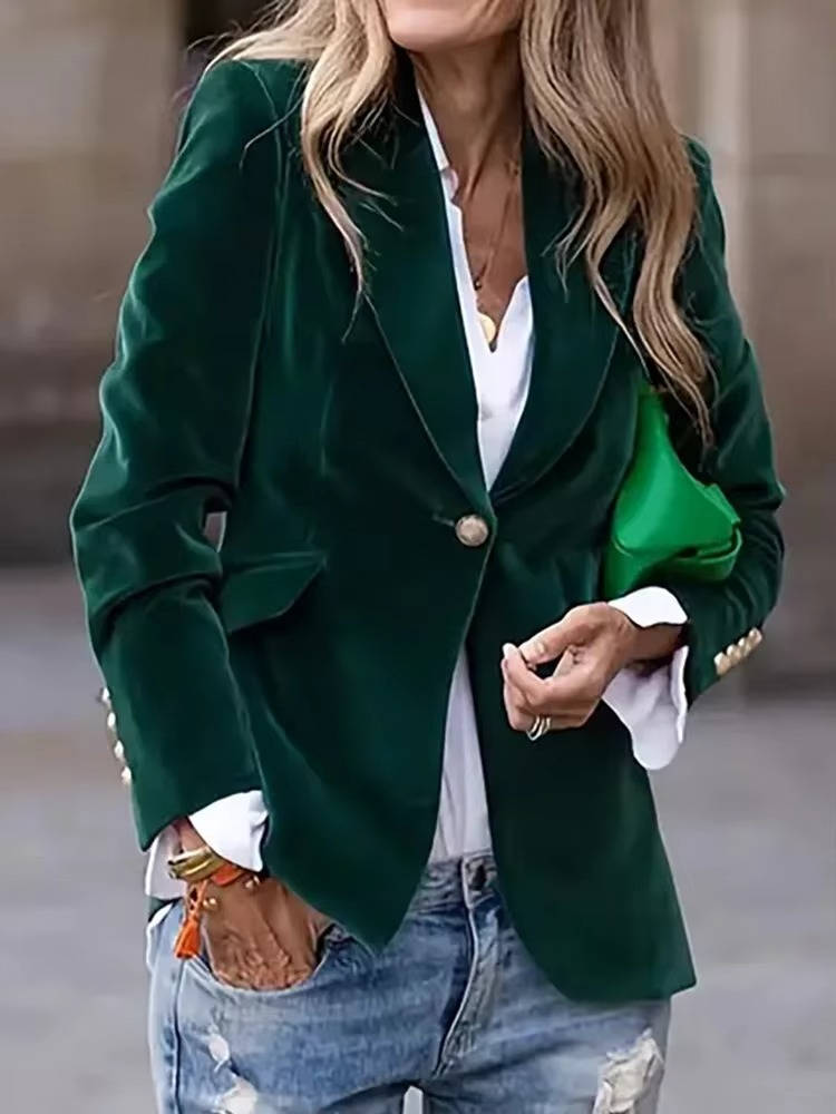 Women's velvet blazer single-button closure soft luxurious drape tailored polished versatile layer