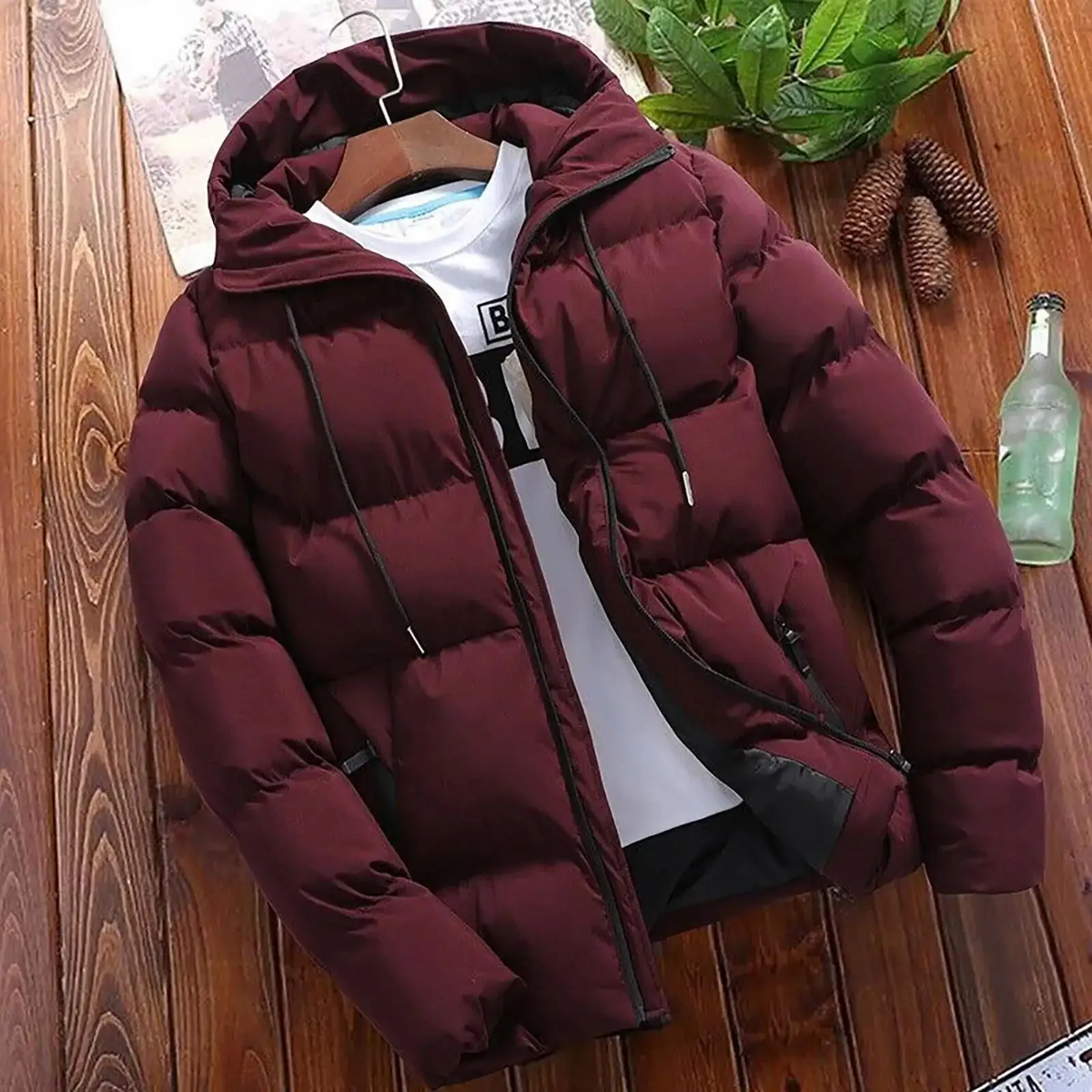 Men's black quilted insulated parka jacket regular fit hooded winter outerwear with premium stitching