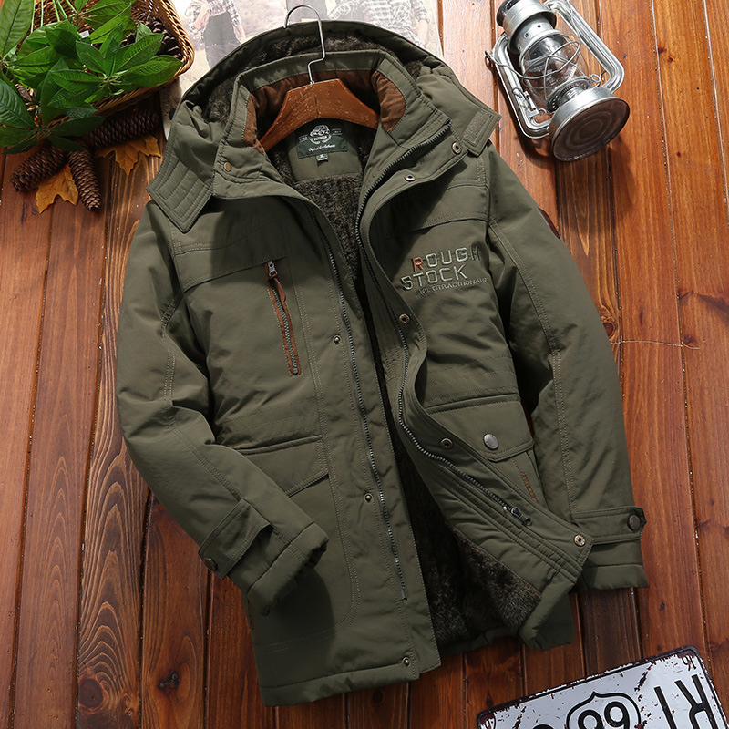 Men's loose-fit hooded mid-thigh winter coat with plush lining and multi-pocket design for outdoor use