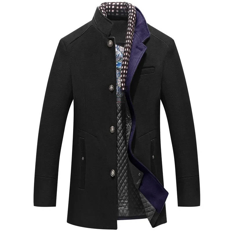 Men navy blue wool coat stand-up collar winter outerwear with zip pockets sharp silhouette