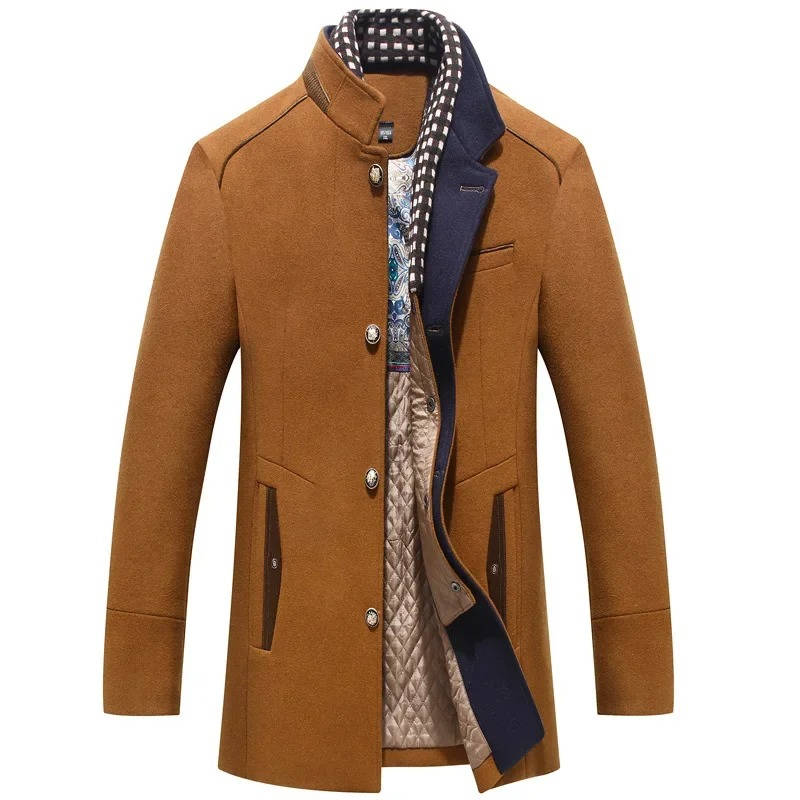 Men navy blue wool coat stand-up collar with zip pockets slim winter outerwear