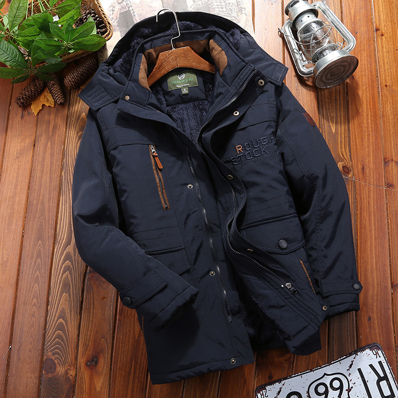 Men's loose-fit hooded mid-thigh winter coat with plush lining and multi-pocket design for outdoor use