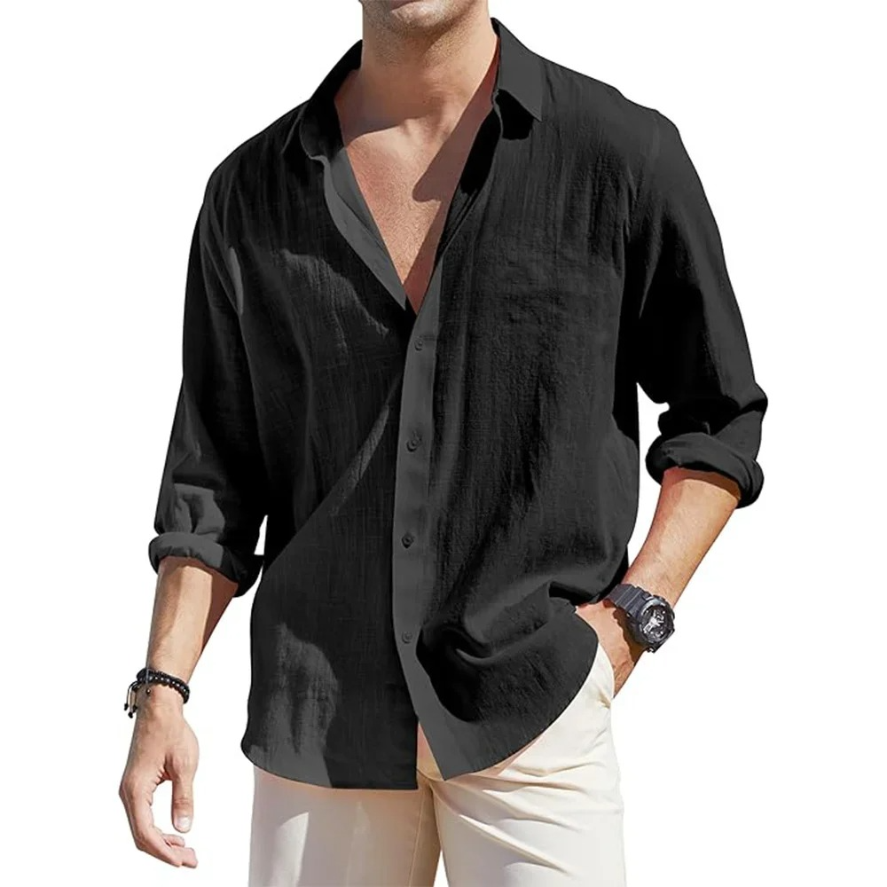 Men's long sleeve linen button-down shirt relaxed fit breathable cotton-linen blend everyday style
