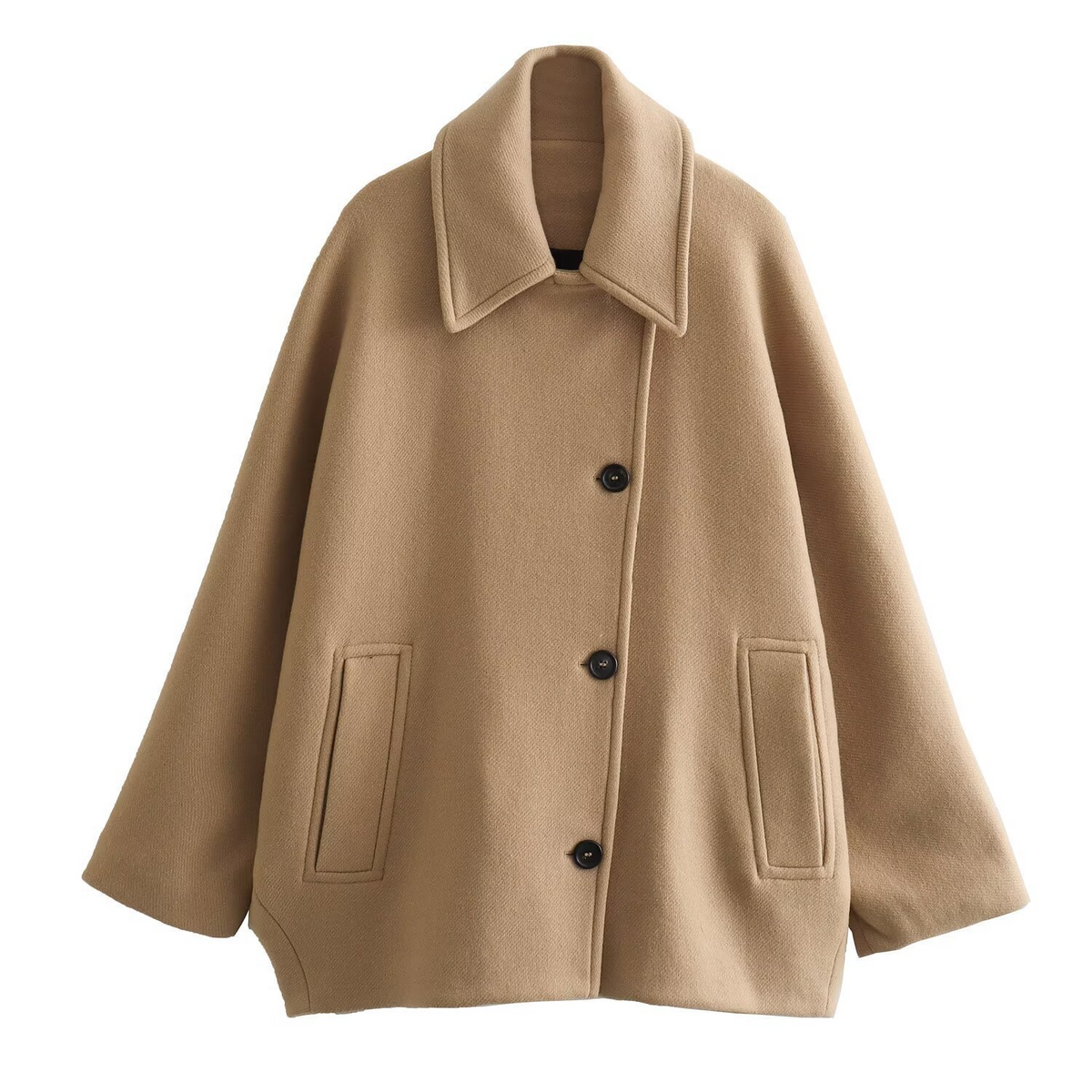 Women's oversized wool coat lapel collar batwing sleeves button front autumn winter warmth