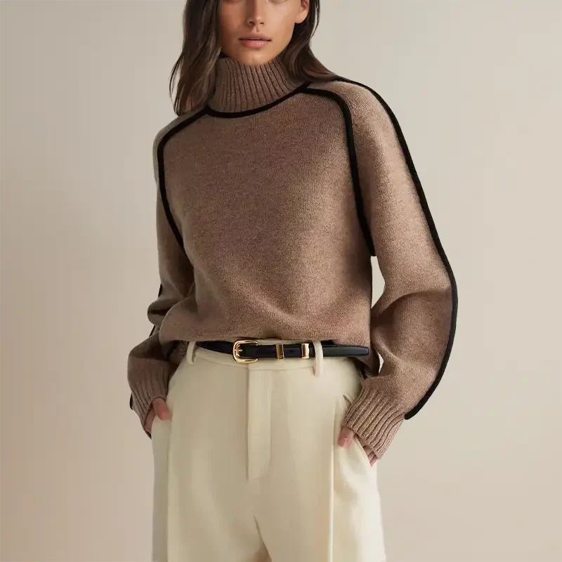 Women's wool blend pullover sweatshirt, relaxed-fit mock turtleneck with contrast piping detail