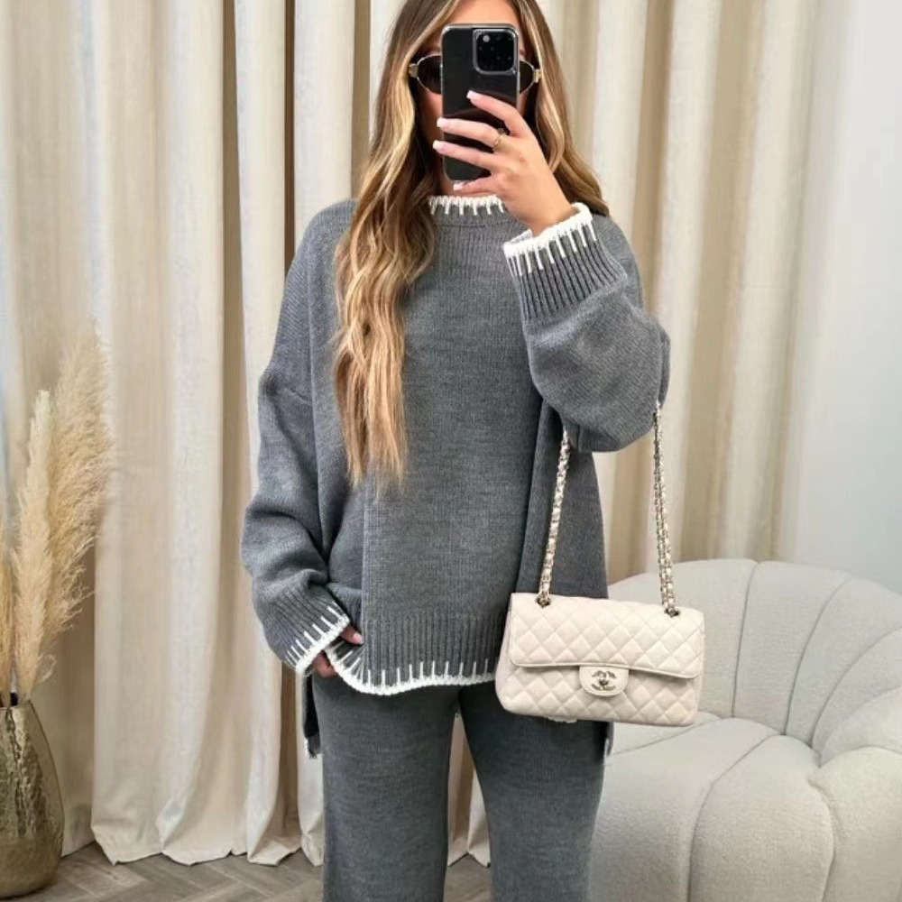Women's knit two-piece lounge set loose fit wide neck top high waist pants cozy fabric