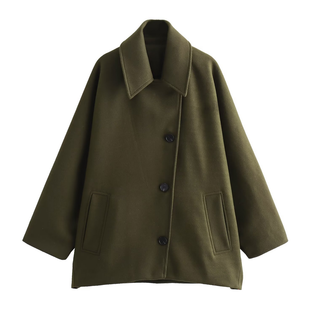 Women's oversized wool coat with lapel collar, batwing sleeves, button front, effortless autumn warmth