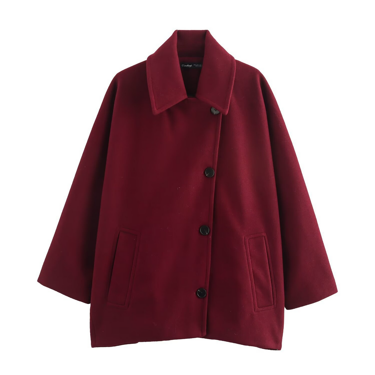 Women's oversized wool coat with lapel collar, batwing sleeves, button front, relaxed silhouette
