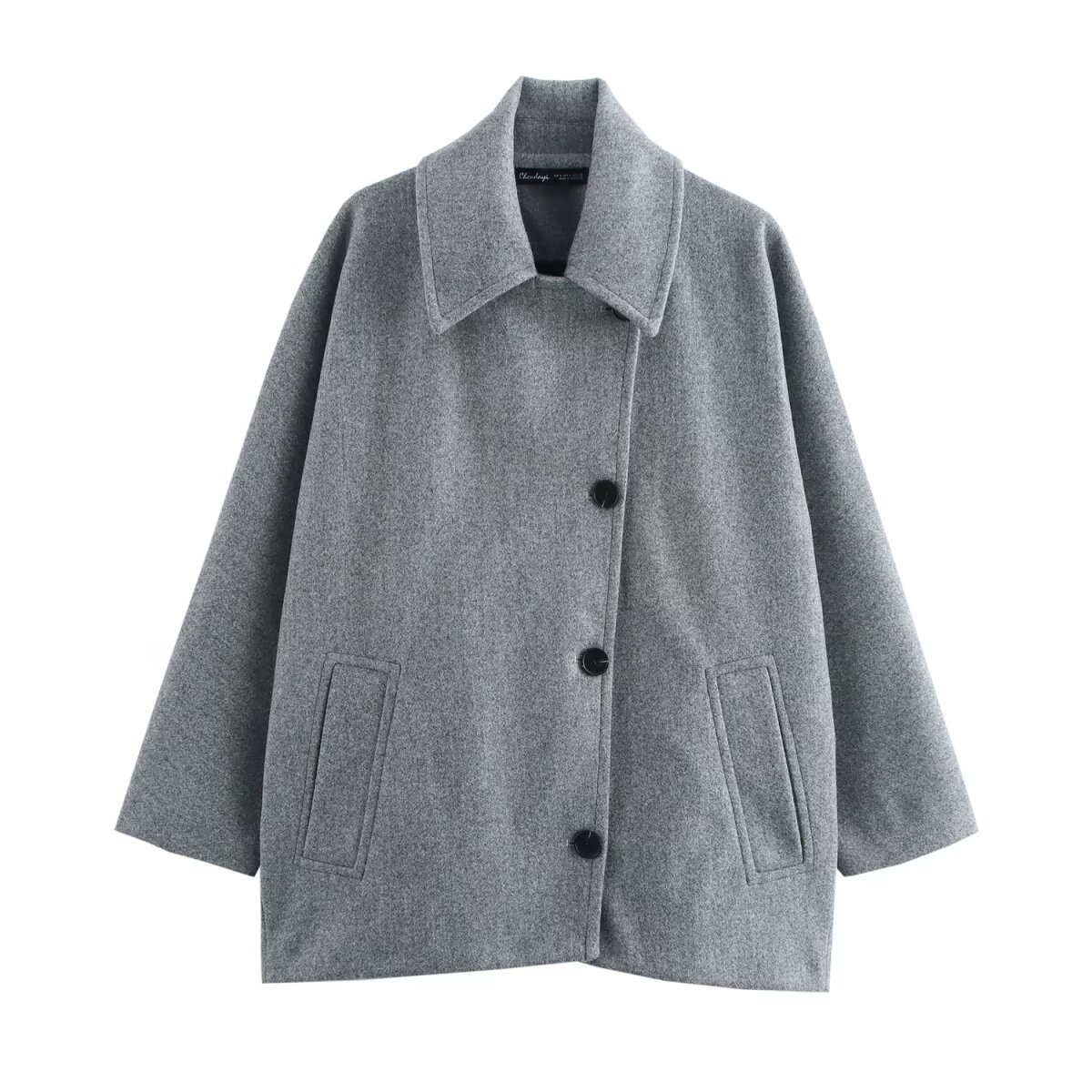 Women's oversized wool blend coat batwing sleeves lapel button front relaxed contemporary silhouette